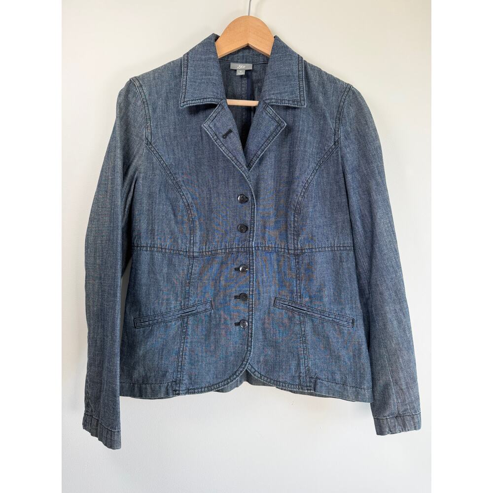 J Jill Blue Cotton Chambray Blazer Jacket Tailored Button Front Womens 8 Career